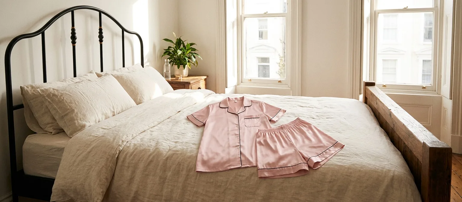 A bedroom in soft morning light: cream linen bedding with a blush satin pajama set laid across the bed