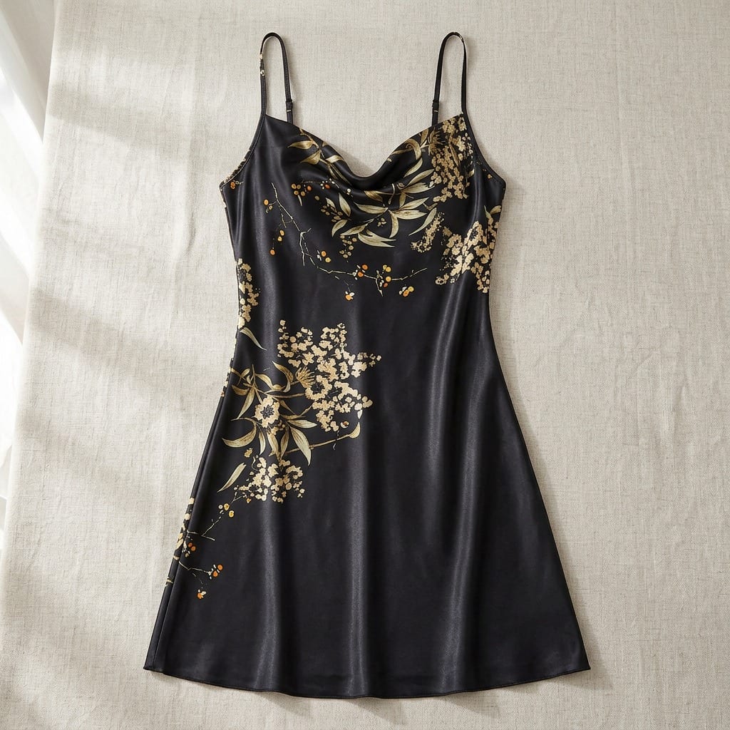 The Luna Satin Cowl Slip Dress in Black, laid flat on linen