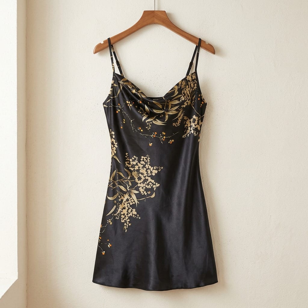 The Luna Satin Cowl Slip Dress in Black, on a wooden hanger