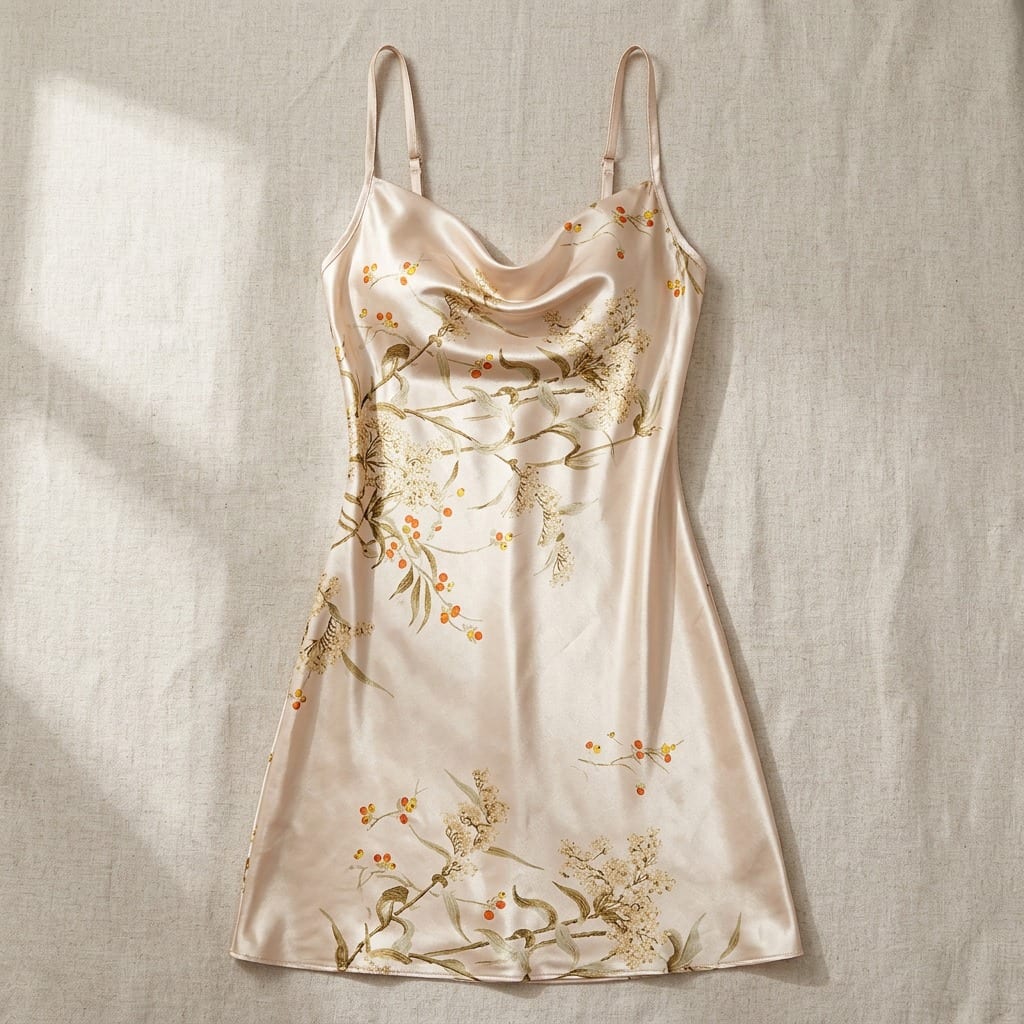The Luna Satin Cowl Slip Dress in Champagne, laid flat on linen