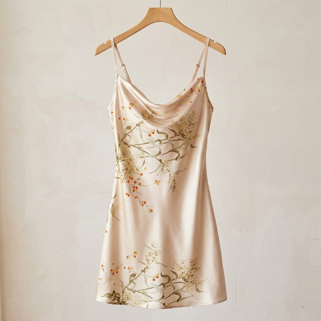 The Luna Satin Cowl Slip Dress in Champagne, on a wooden hanger