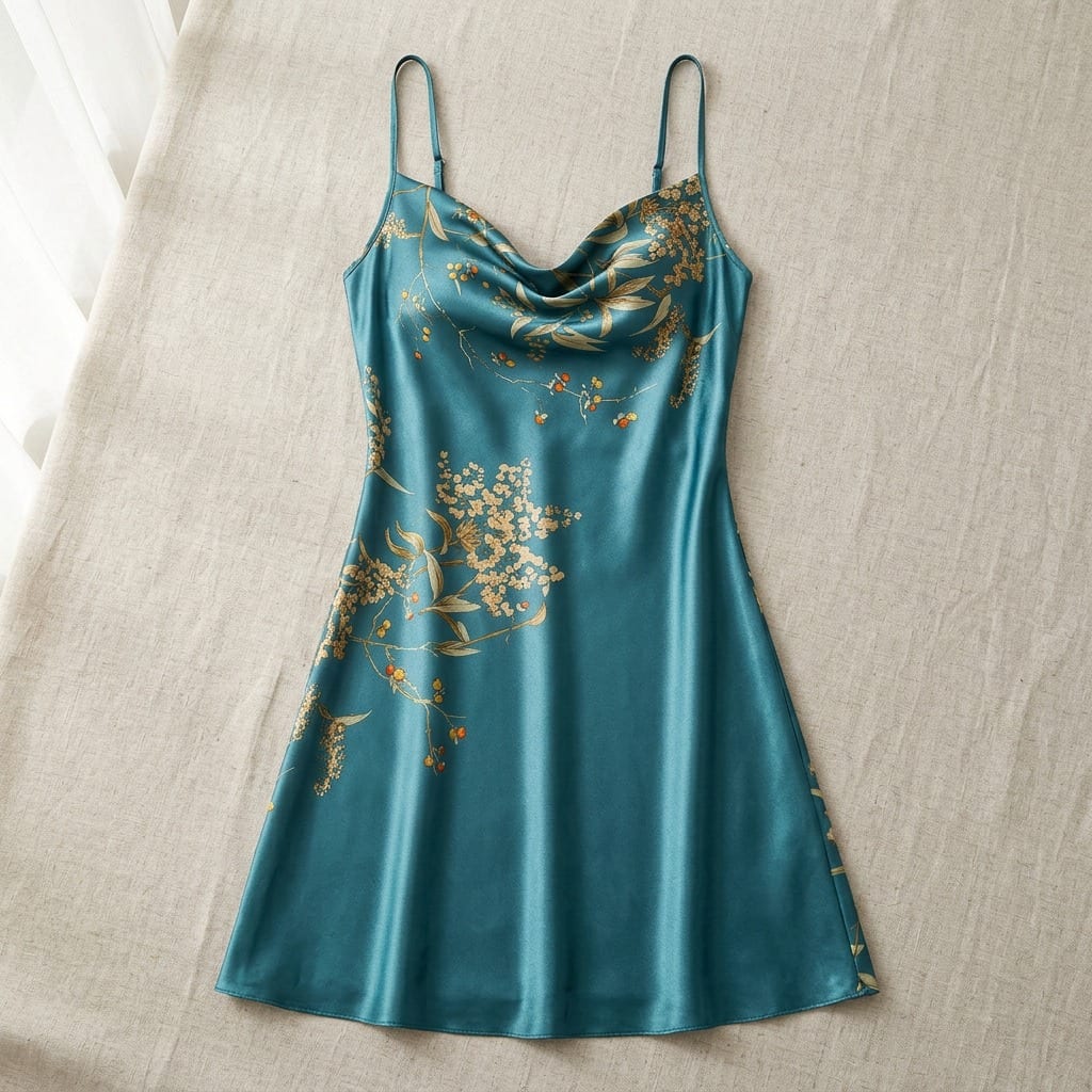 The Luna Satin Cowl Slip Dress, laid flat on linen