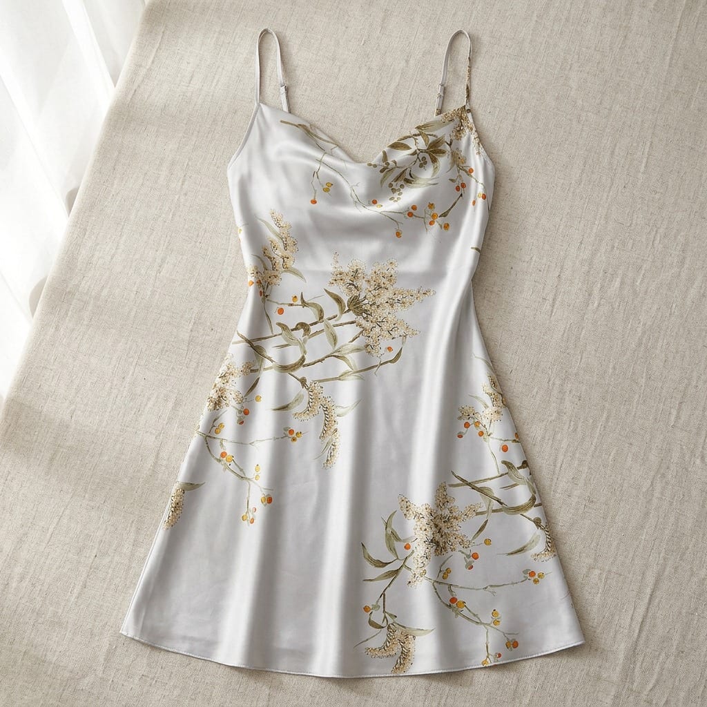 The Luna Satin Cowl Slip Dress in Grey, laid flat on linen