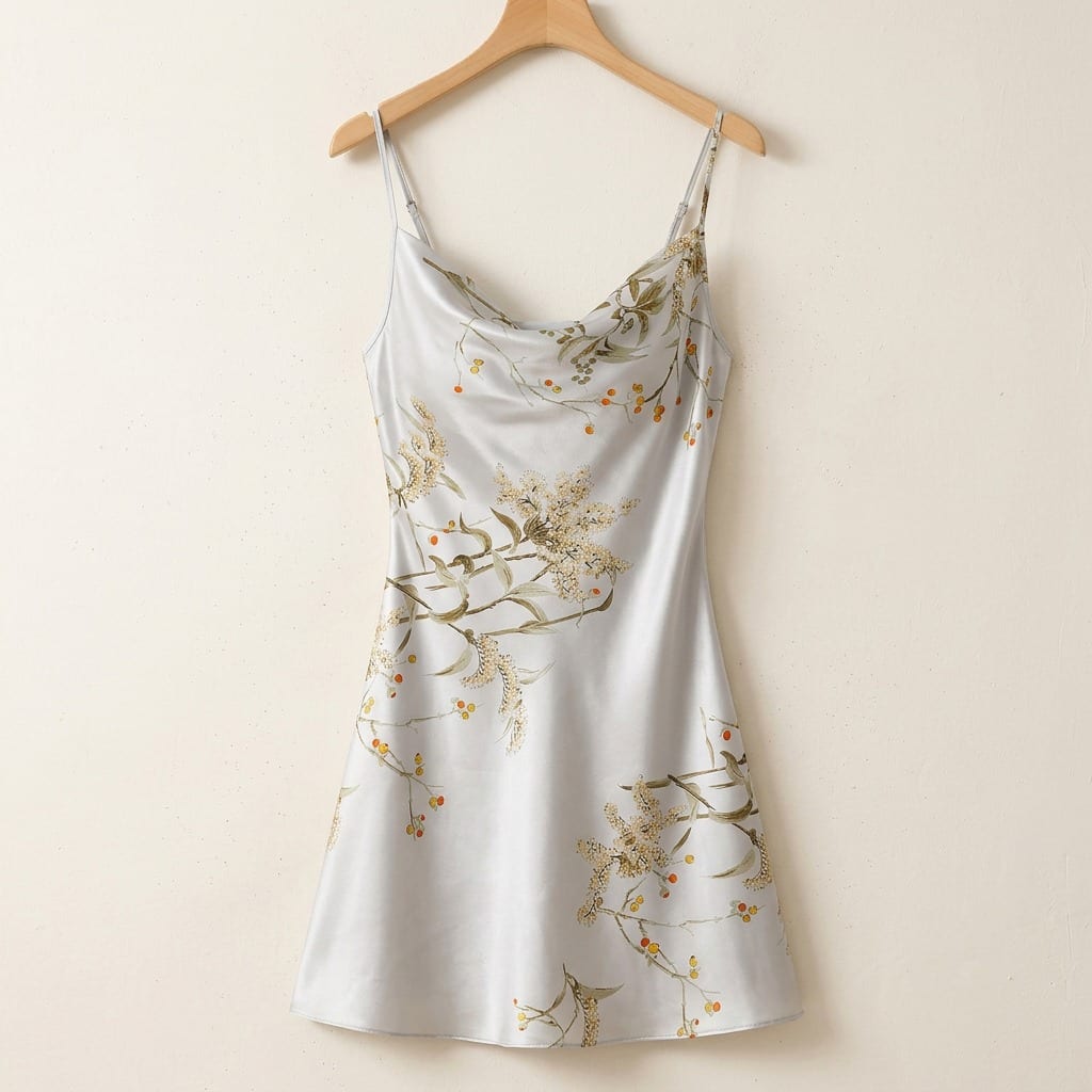 The Luna Satin Cowl Slip Dress in Grey, on a wooden hanger