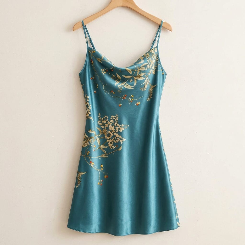 The Luna Satin Cowl Slip Dress, on a wooden hanger