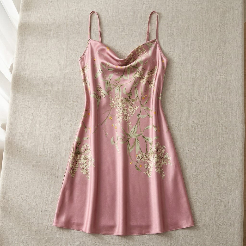 The Luna Satin Cowl Slip Dress in Pink, laid flat on linen