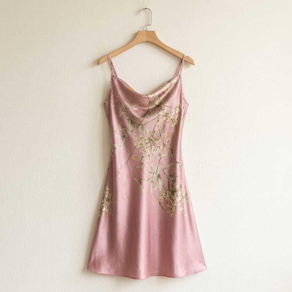 The Luna Satin Cowl Slip Dress in Pink, on a wooden hanger