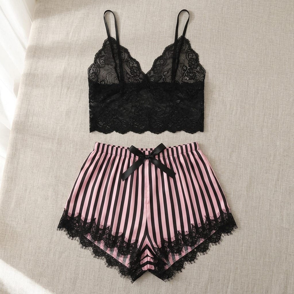 The Luna Satin Lace Cami Set in Candy Stripe in Black Stripe, laid flat on linen