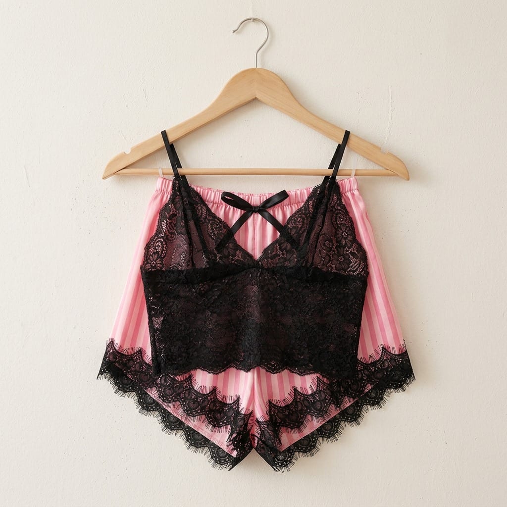 The Luna Satin Lace Cami Set in Candy Stripe in Black Stripe, on a wooden hanger