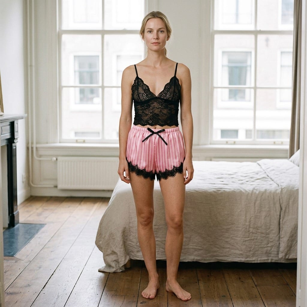 The Luna Satin Lace Cami Set in Candy Stripe in Black Stripe, worn, head to toe, by the window