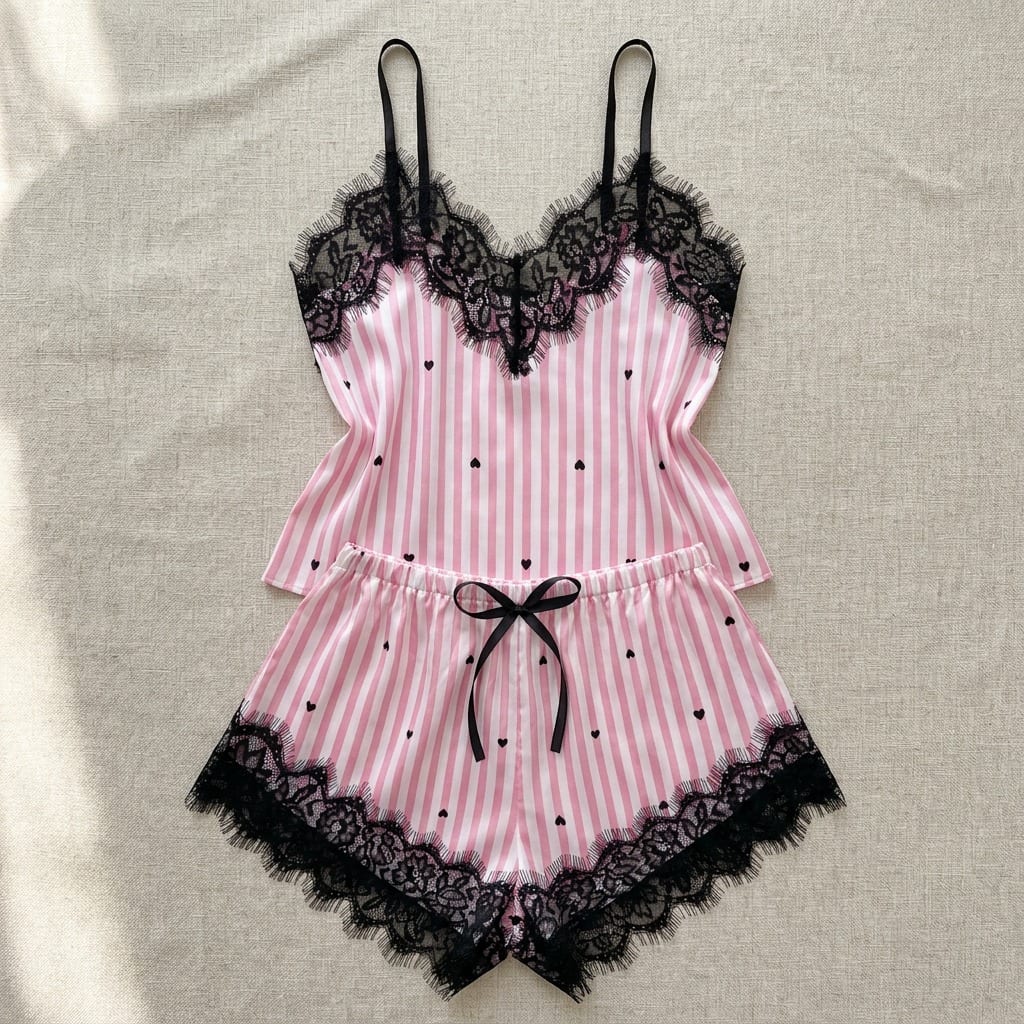 The Luna Satin Lace Cami Set in Candy Stripe, laid flat on linen