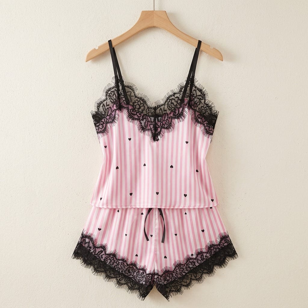 The Luna Satin Lace Cami Set in Candy Stripe, on a wooden hanger