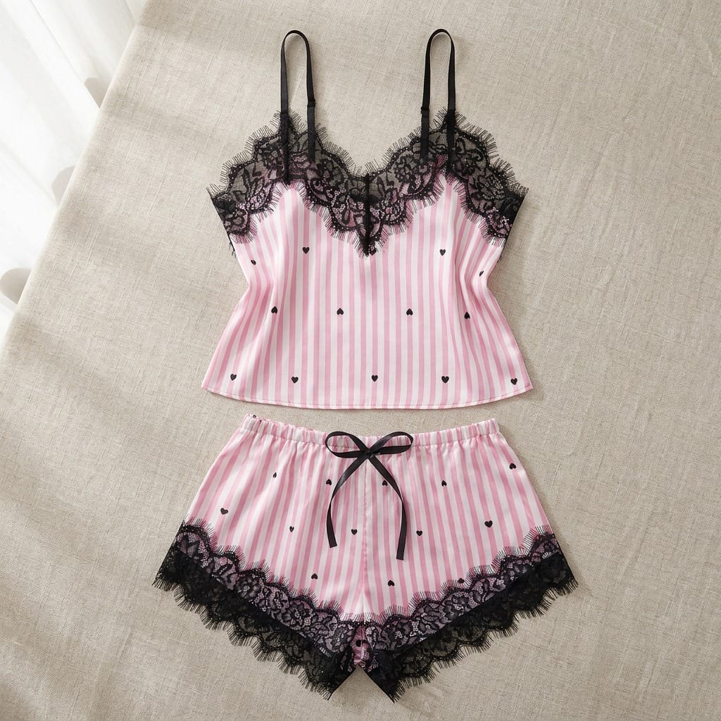 The Luna Satin Lace Cami Set in Candy Stripe in Pink Hearts, laid flat on linen