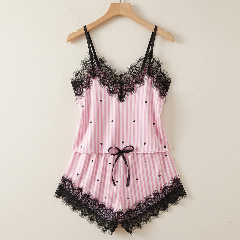 The Luna Satin Lace Cami Set in Candy Stripe in Pink Hearts, on a wooden hanger