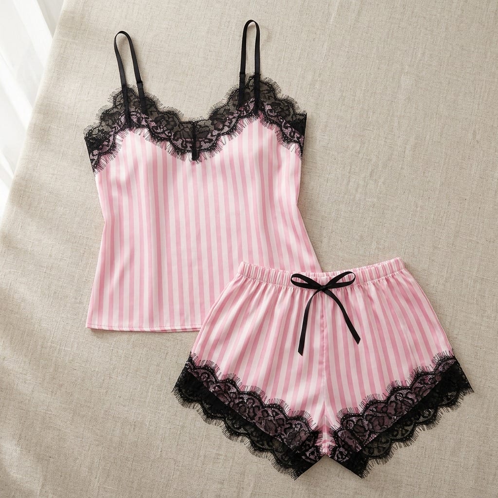 The Luna Satin Lace Cami Set in Rose Stripe, laid flat on linen