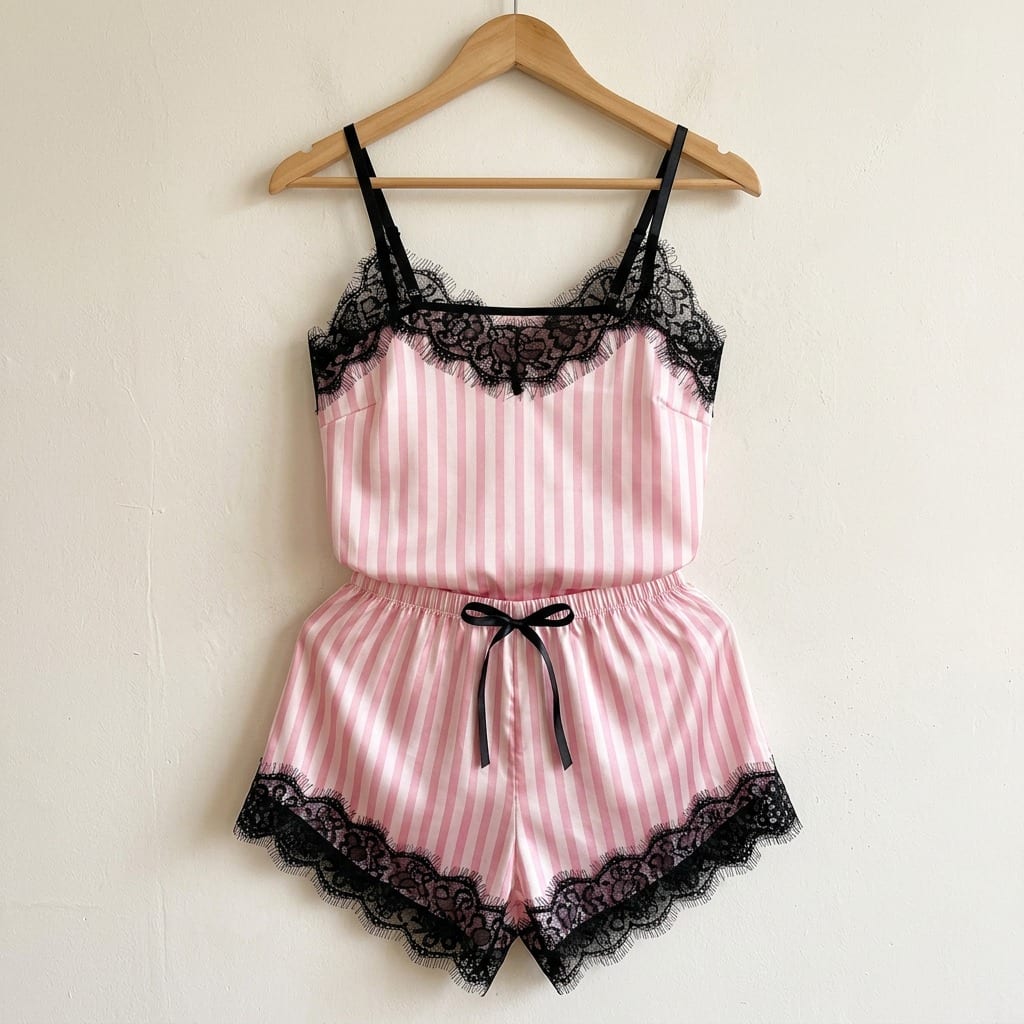 The Luna Satin Lace Cami Set in Rose Stripe, on a wooden hanger