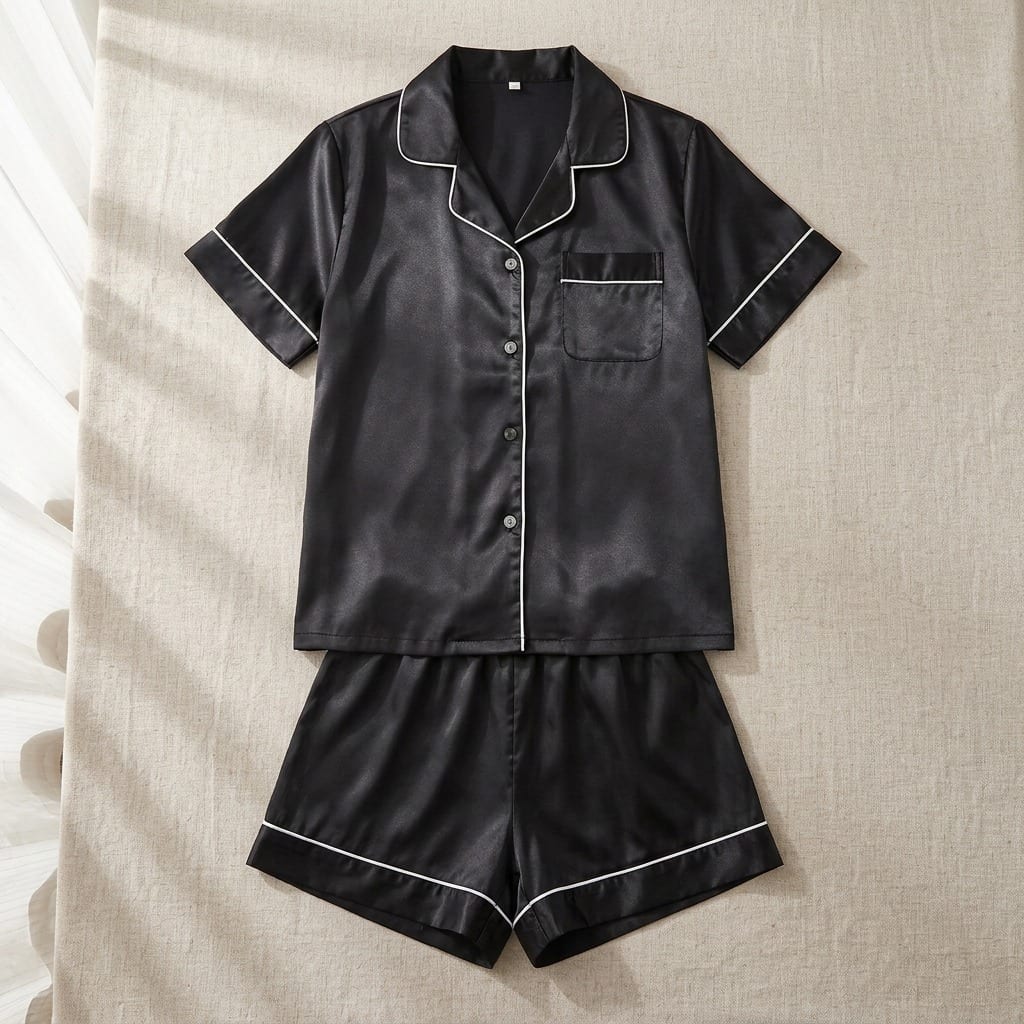The Luna Satin Short Pajama Set in Black, laid flat on linen
