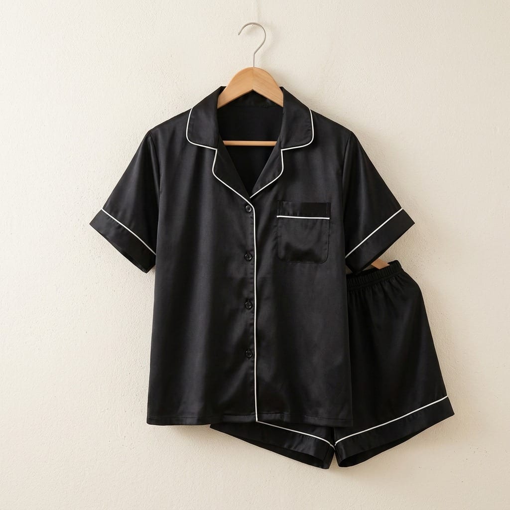 The Luna Satin Short Pajama Set in Black, on a wooden hanger