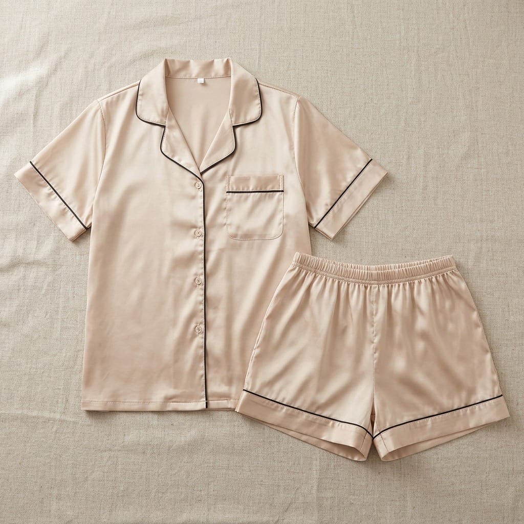 The Luna Satin Short Pajama Set in Champagne, laid flat on linen