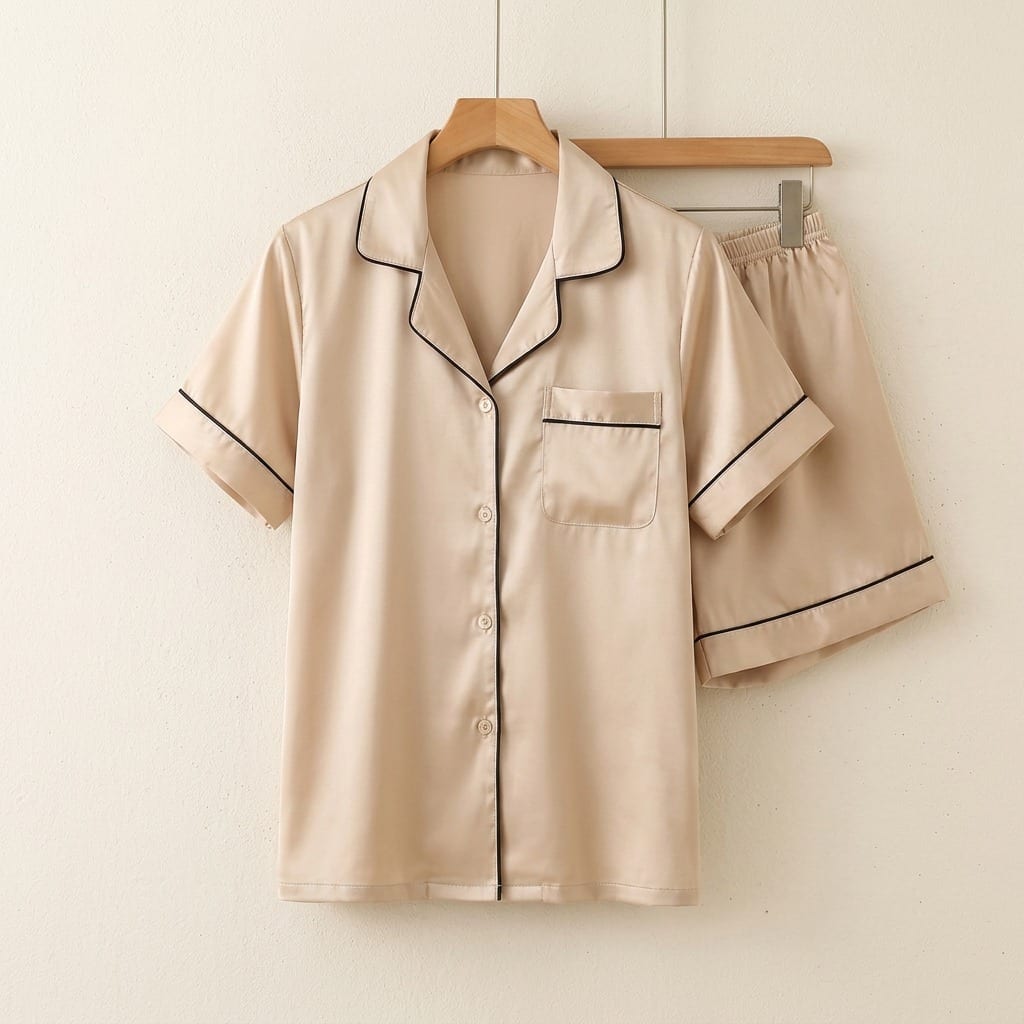 The Luna Satin Short Pajama Set in Champagne, on a wooden hanger