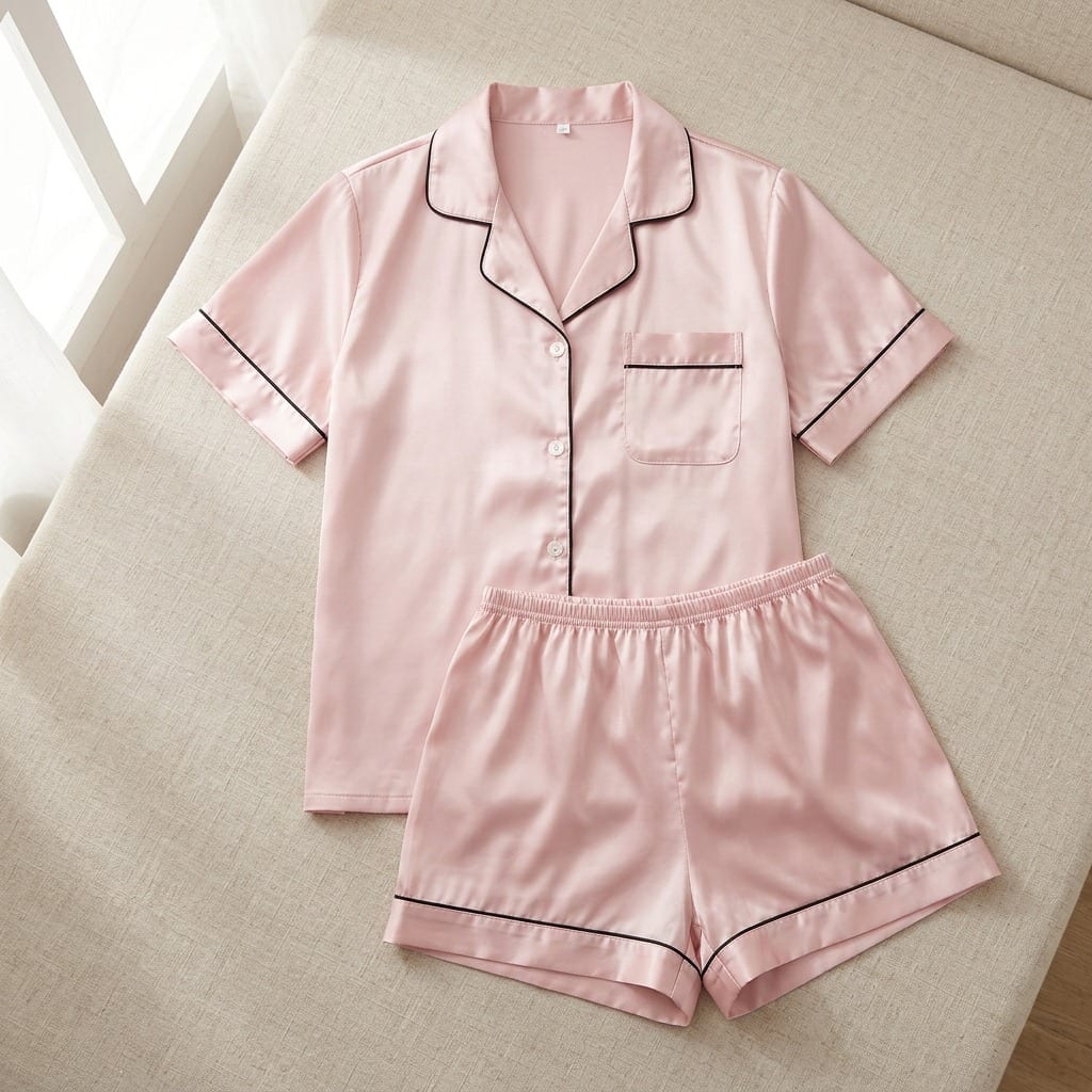 The Luna Satin Short Pajama Set, laid flat on linen