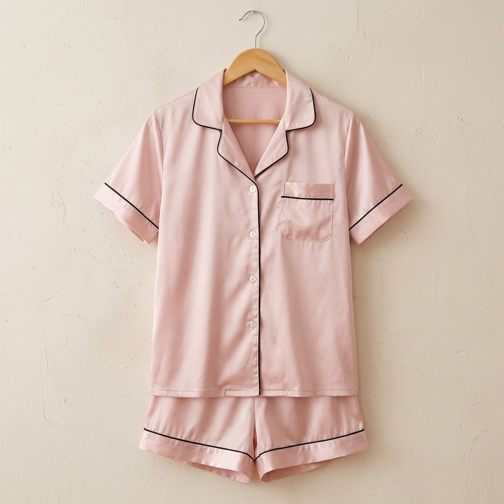 The Luna Satin Short Pajama Set, on a wooden hanger
