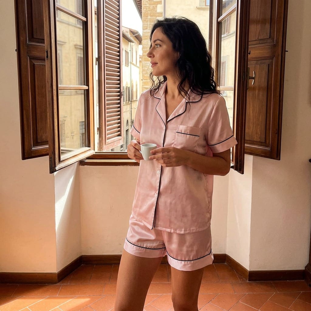 The Luna Satin Short Pajama Set, worn in the morning at an open window