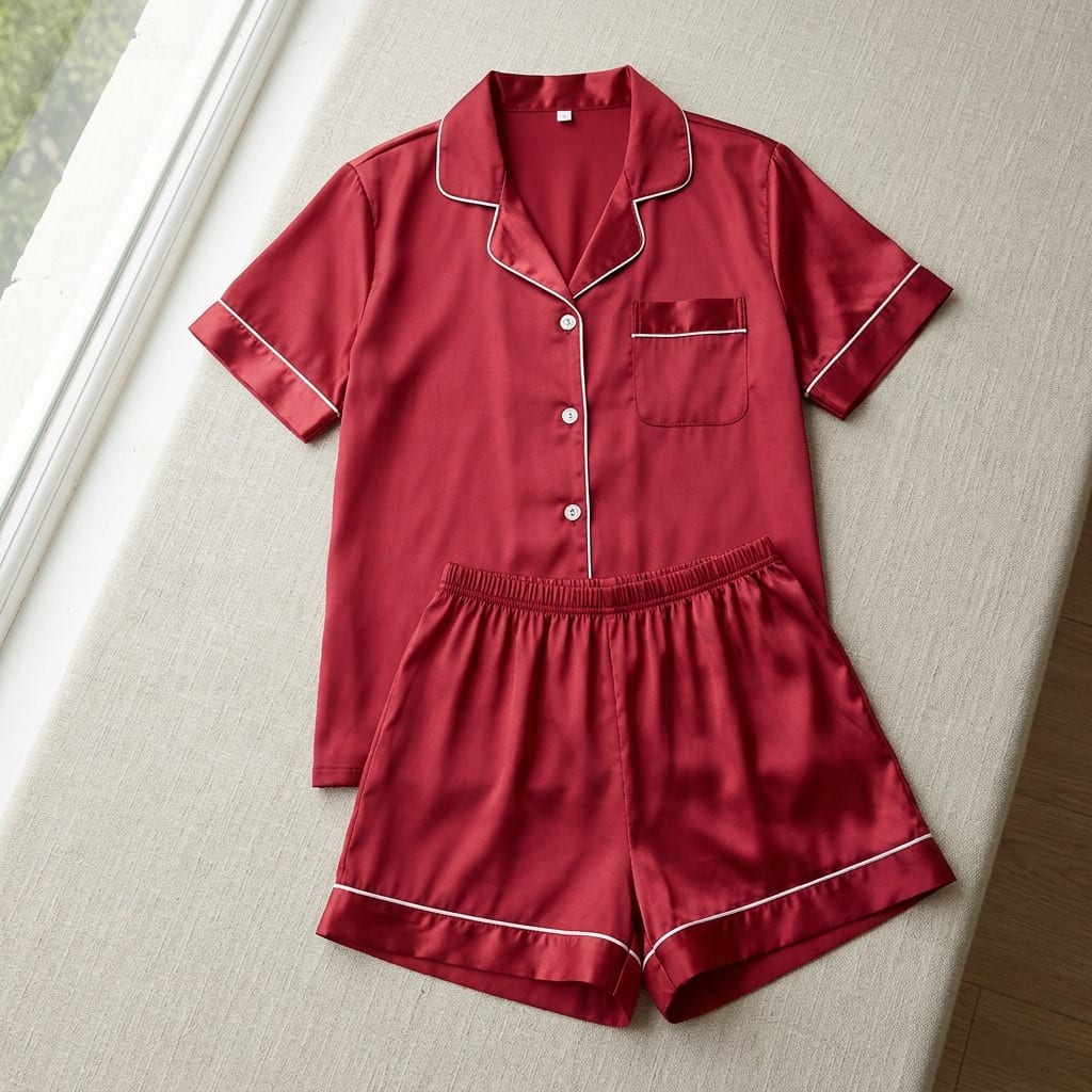 The Luna Satin Short Pajama Set in Red, laid flat on linen