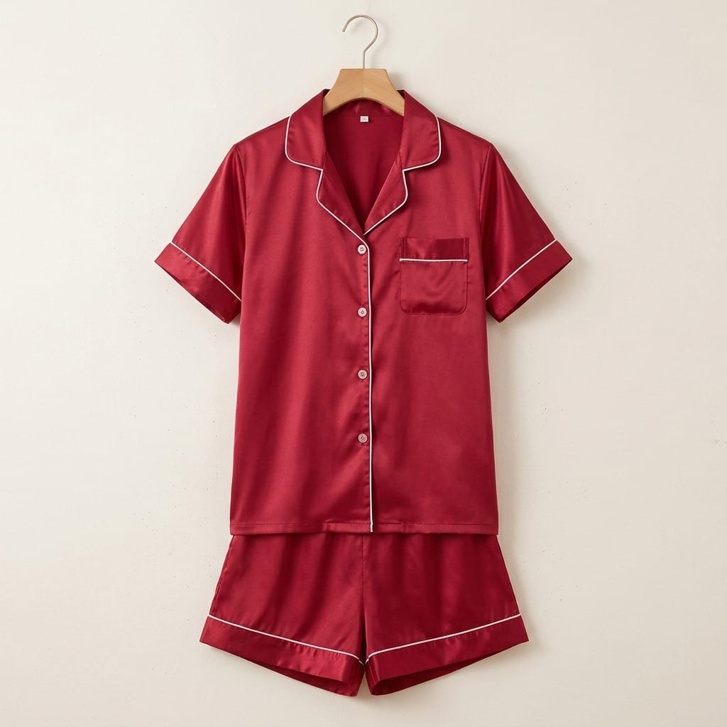 The Luna Satin Short Pajama Set in Red, on a wooden hanger