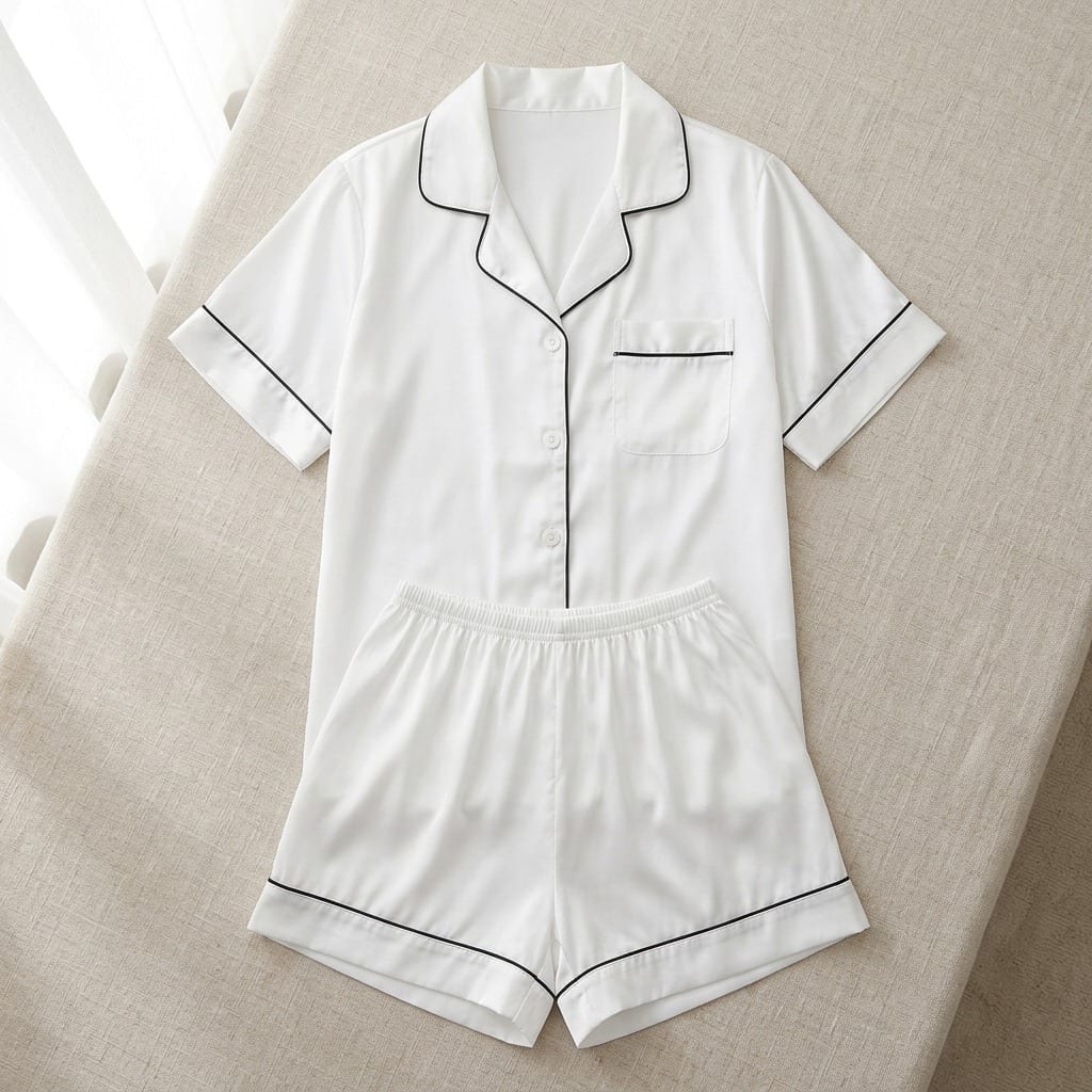 The Luna Satin Short Pajama Set in White, laid flat on linen