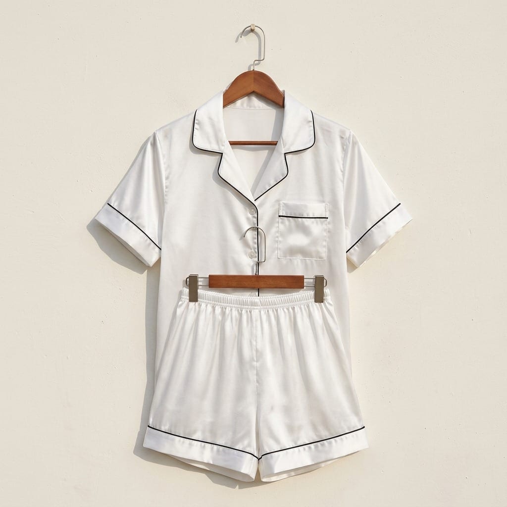 The Luna Satin Short Pajama Set in White, on a wooden hanger