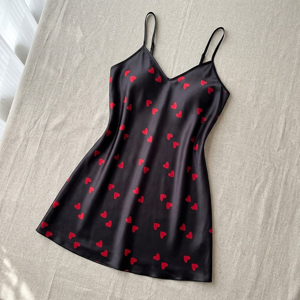 The Luna Satin Slip Dress in Heart Print, laid flat on linen