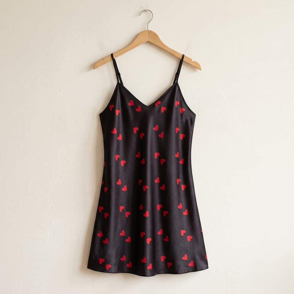 The Luna Satin Slip Dress in Heart Print, on a wooden hanger