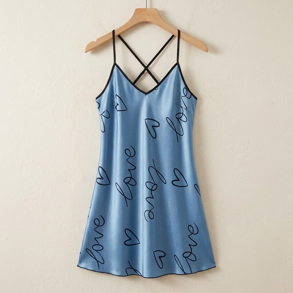 The Luna Satin Slip Dress in Love Script in Blue, on a wooden hanger