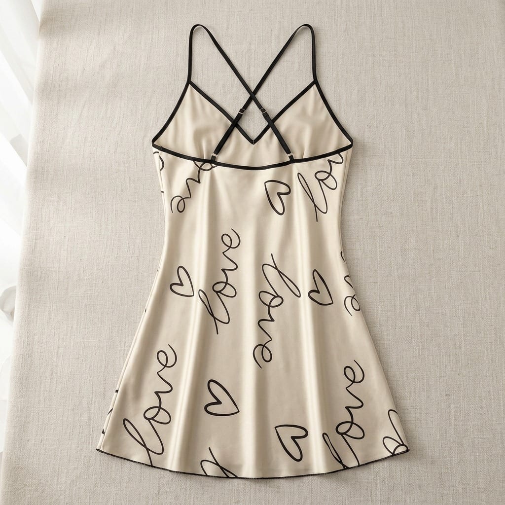 The Luna Satin Slip Dress in Love Script in Champagne, laid flat on linen