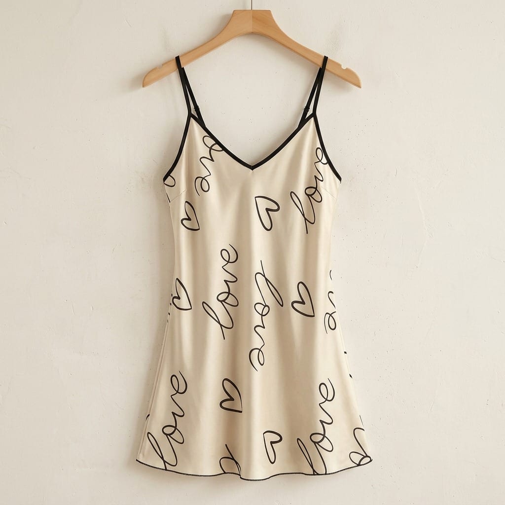 The Luna Satin Slip Dress in Love Script in Champagne, on a wooden hanger
