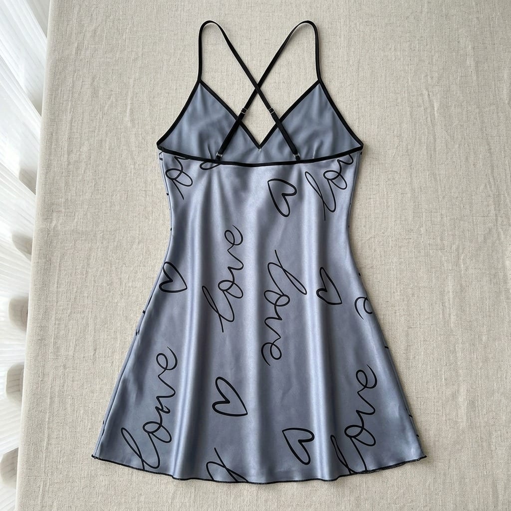The Luna Satin Slip Dress in Love Script, laid flat on linen