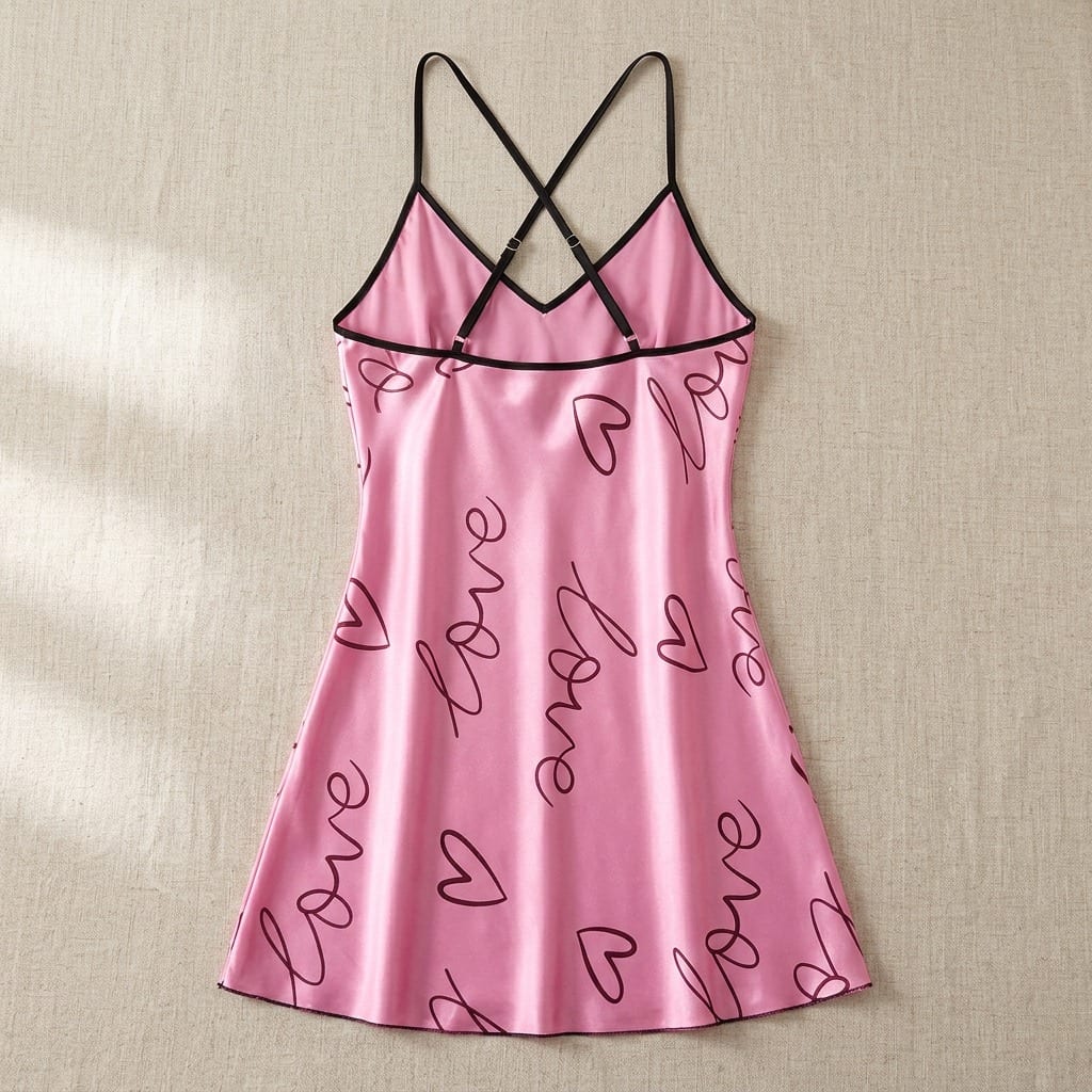 The Luna Satin Slip Dress in Love Script in Pink, laid flat on linen