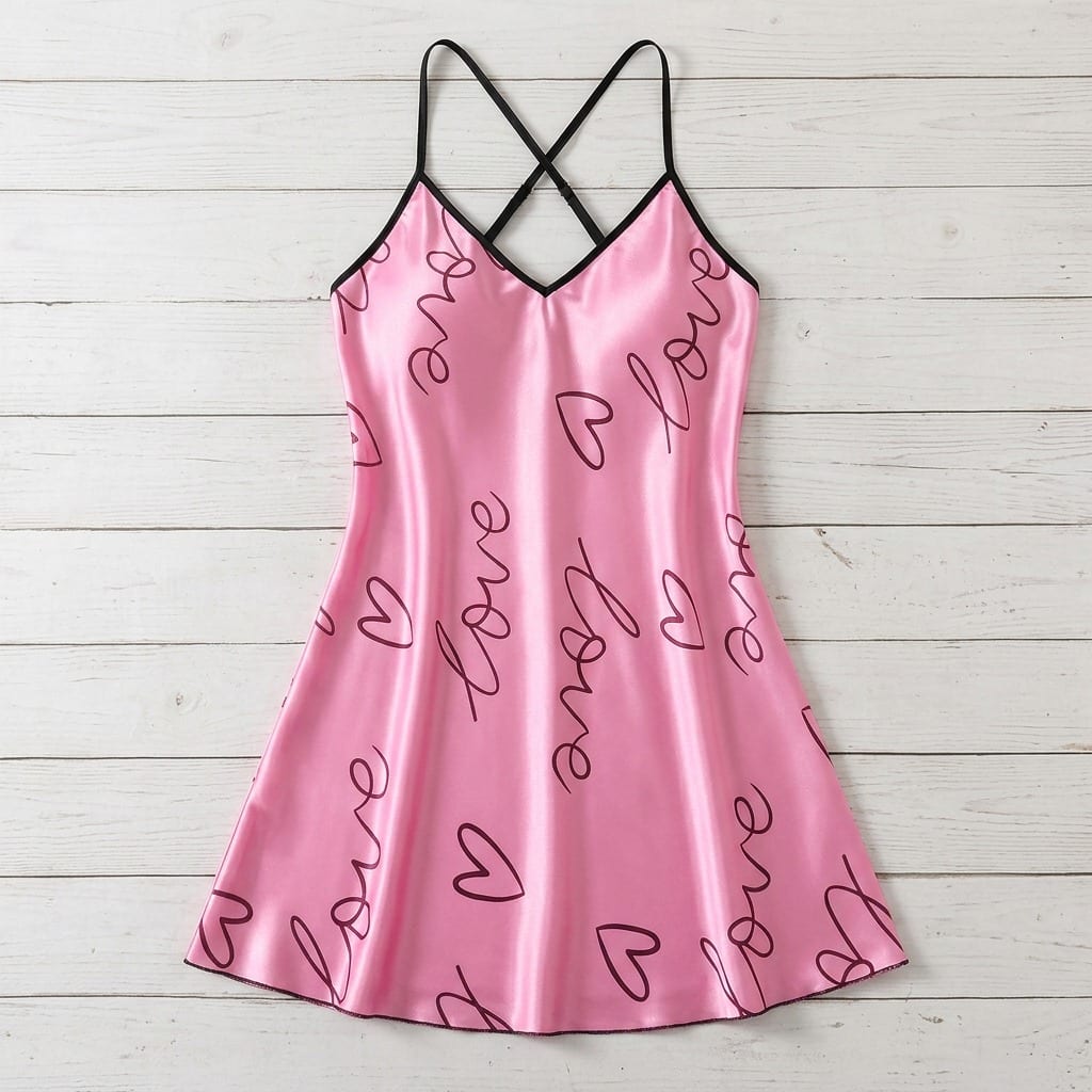 The Luna Satin Slip Dress in Love Script in Pink, on a wooden hanger