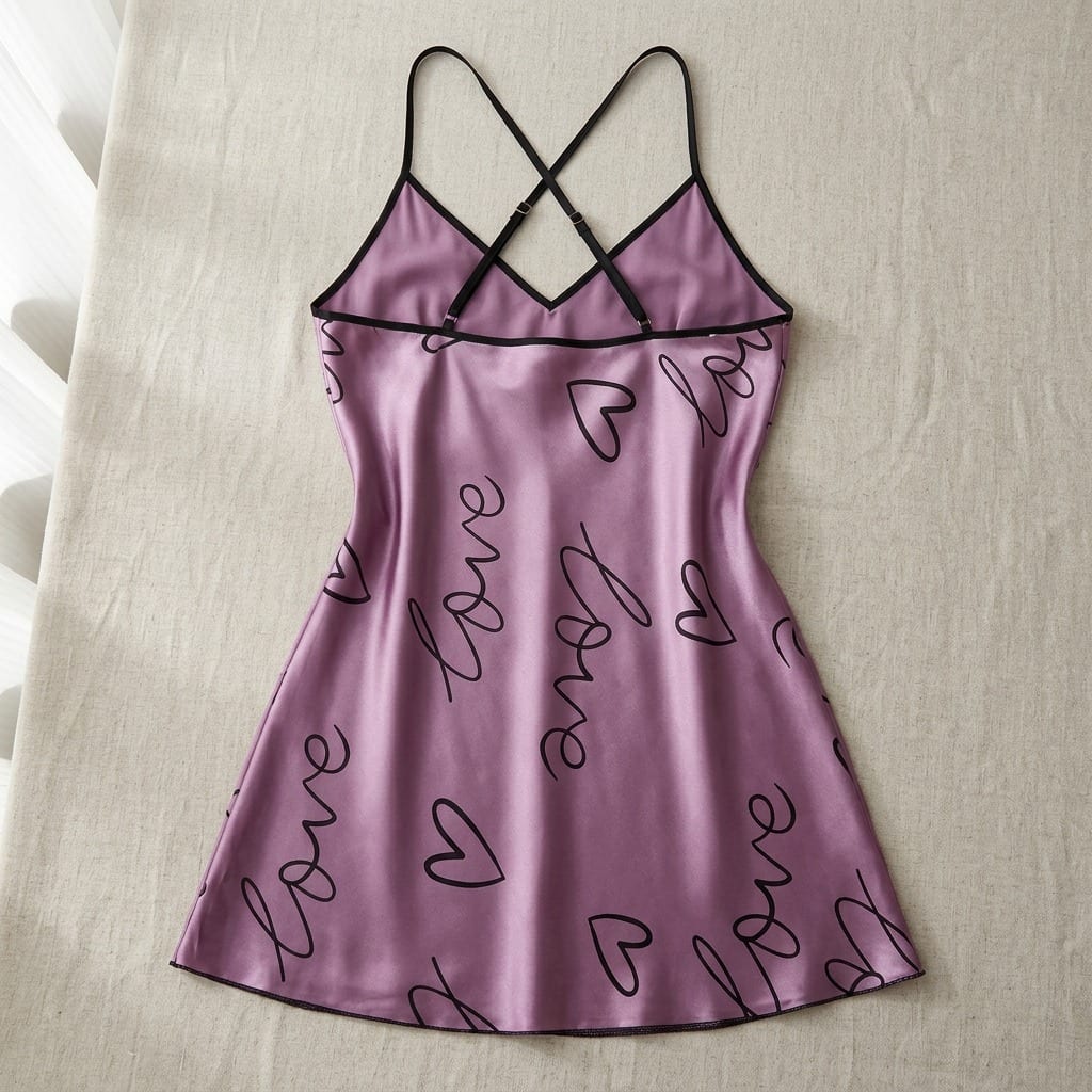 The Luna Satin Slip Dress in Love Script in Purple, laid flat on linen