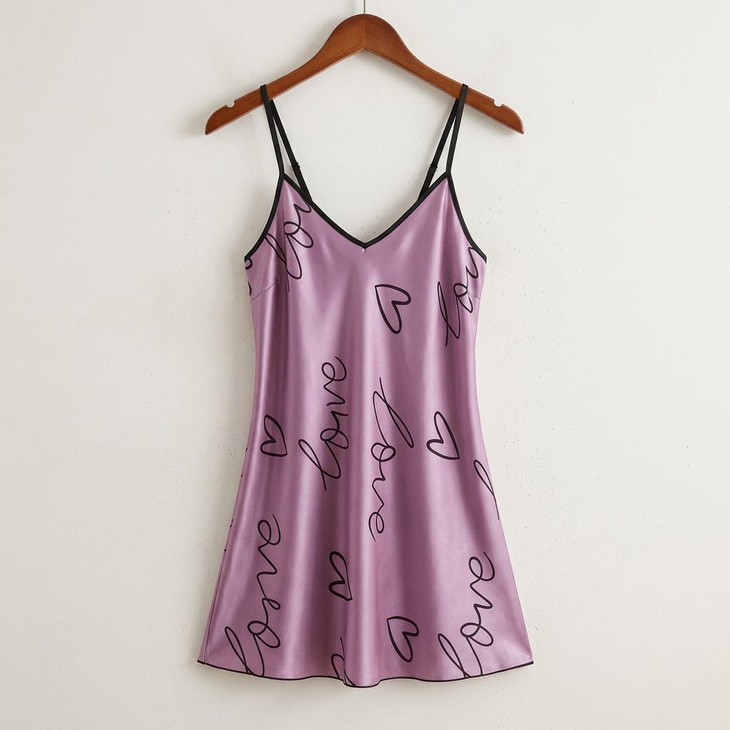 The Luna Satin Slip Dress in Love Script in Purple, on a wooden hanger