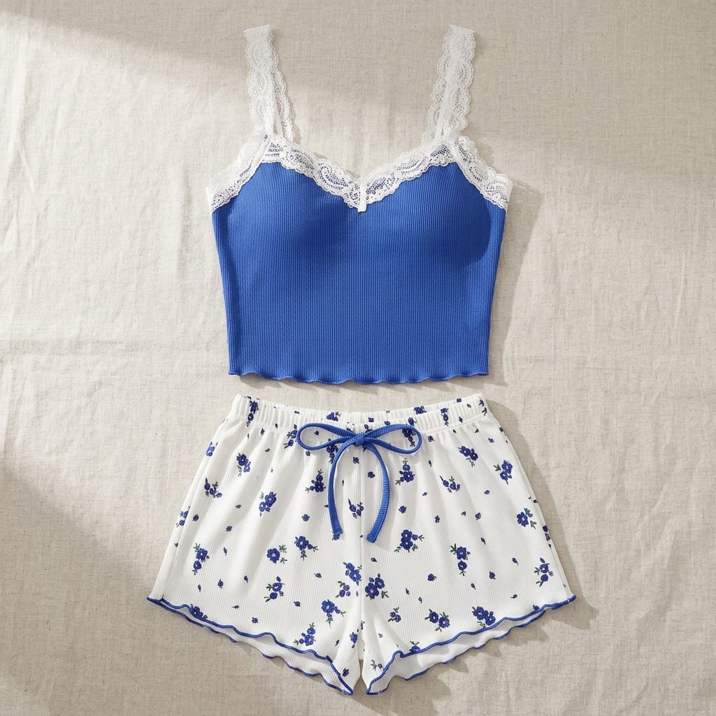 The Viola Ribbed Cami Set in Cobalt Floral, laid flat on linen