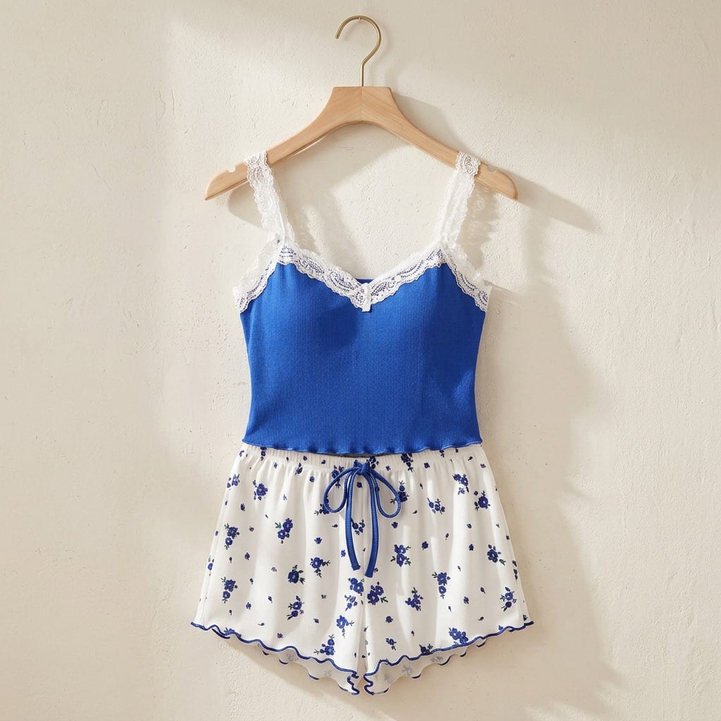 The Viola Ribbed Cami Set in Cobalt Floral, on a wooden hanger