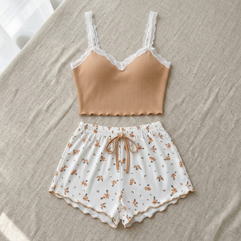 The Viola Ribbed Cami Set in Cobalt Floral in Khaki, laid flat on linen