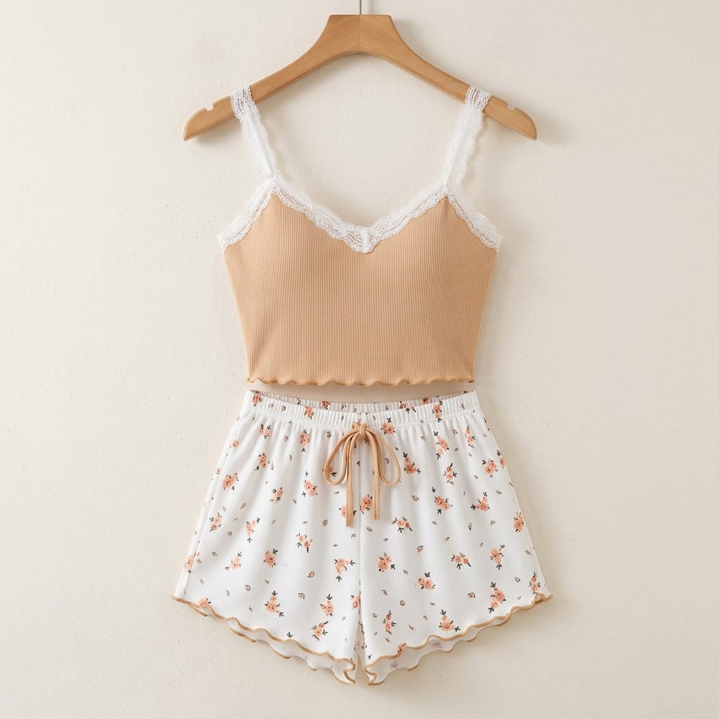 The Viola Ribbed Cami Set in Cobalt Floral in Khaki, on a wooden hanger