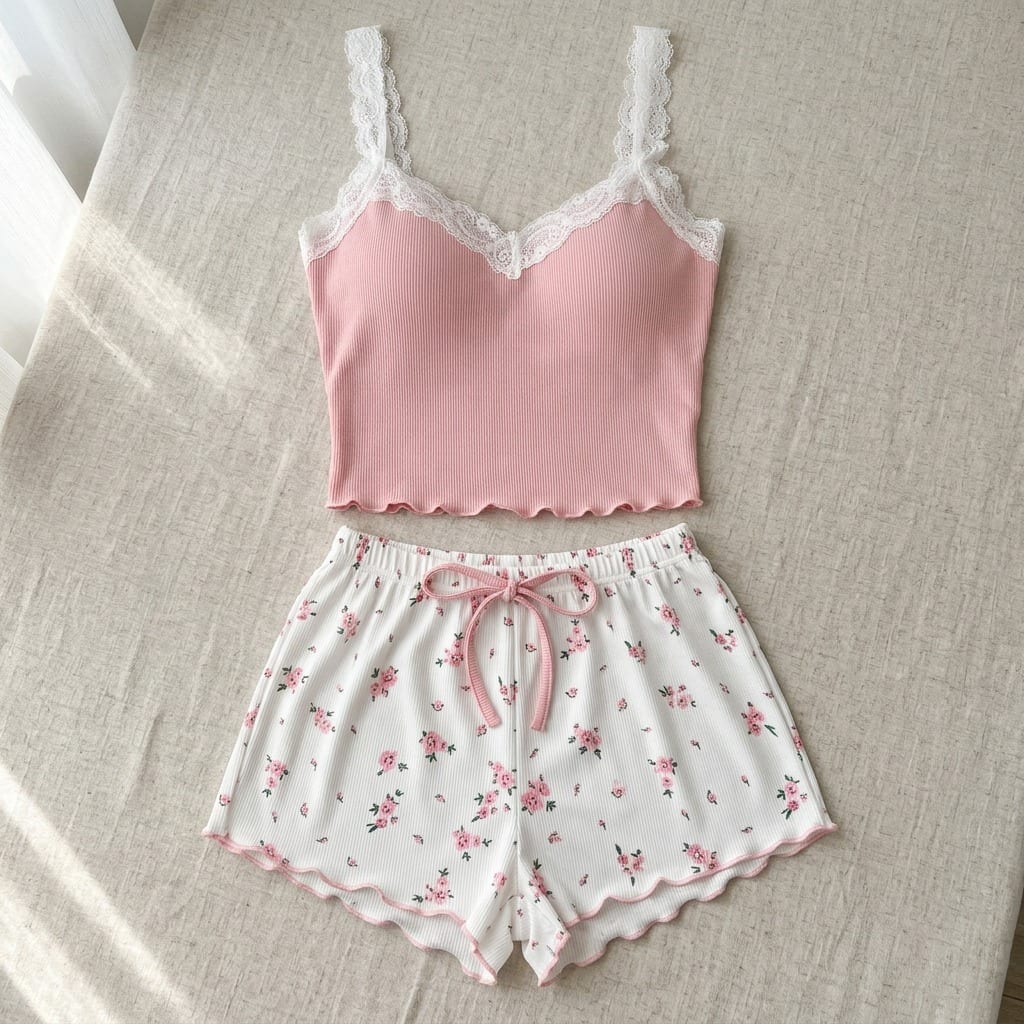 The Viola Ribbed Cami Set in Cobalt Floral in Pink, laid flat on linen