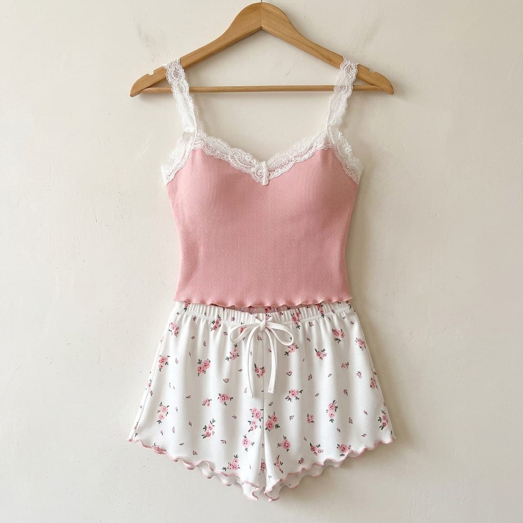 The Viola Ribbed Cami Set in Cobalt Floral in Pink, on a wooden hanger