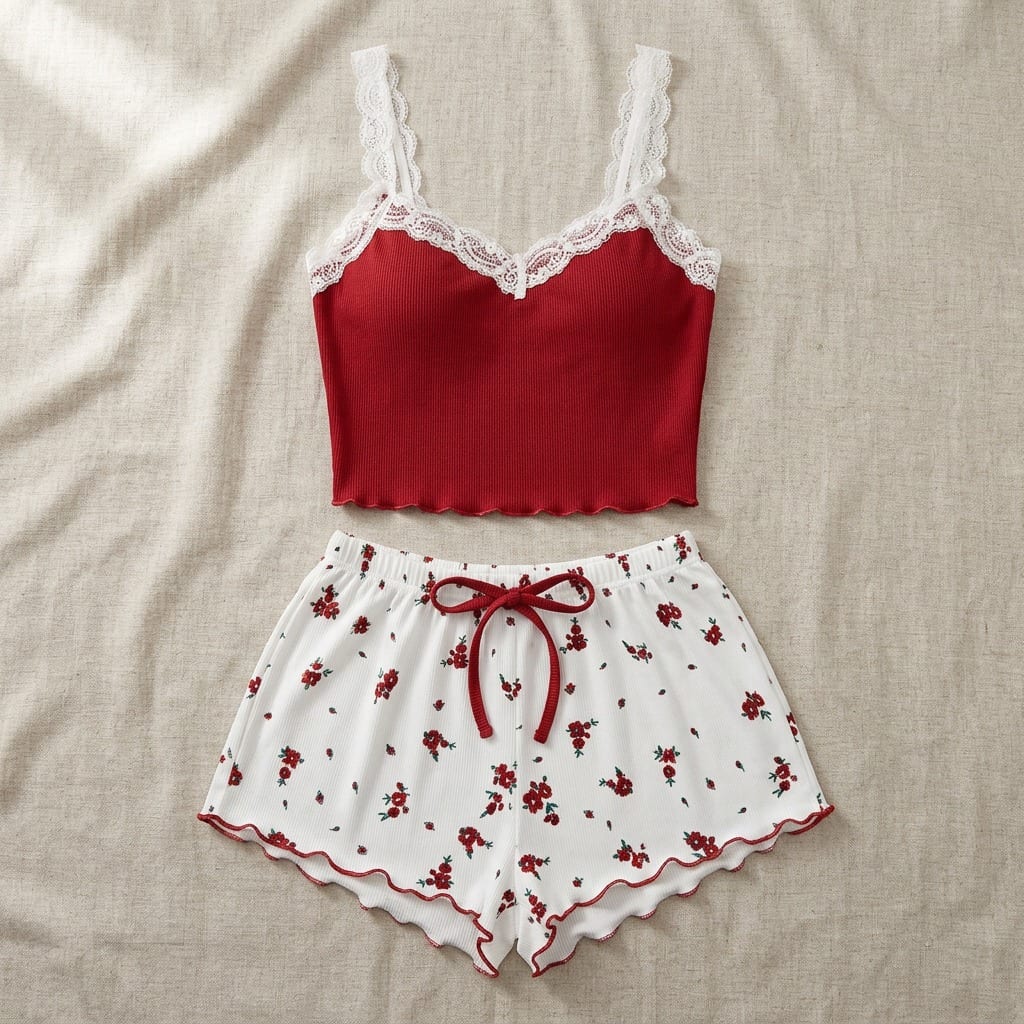 The Viola Ribbed Cami Set in Cobalt Floral in Red, laid flat on linen