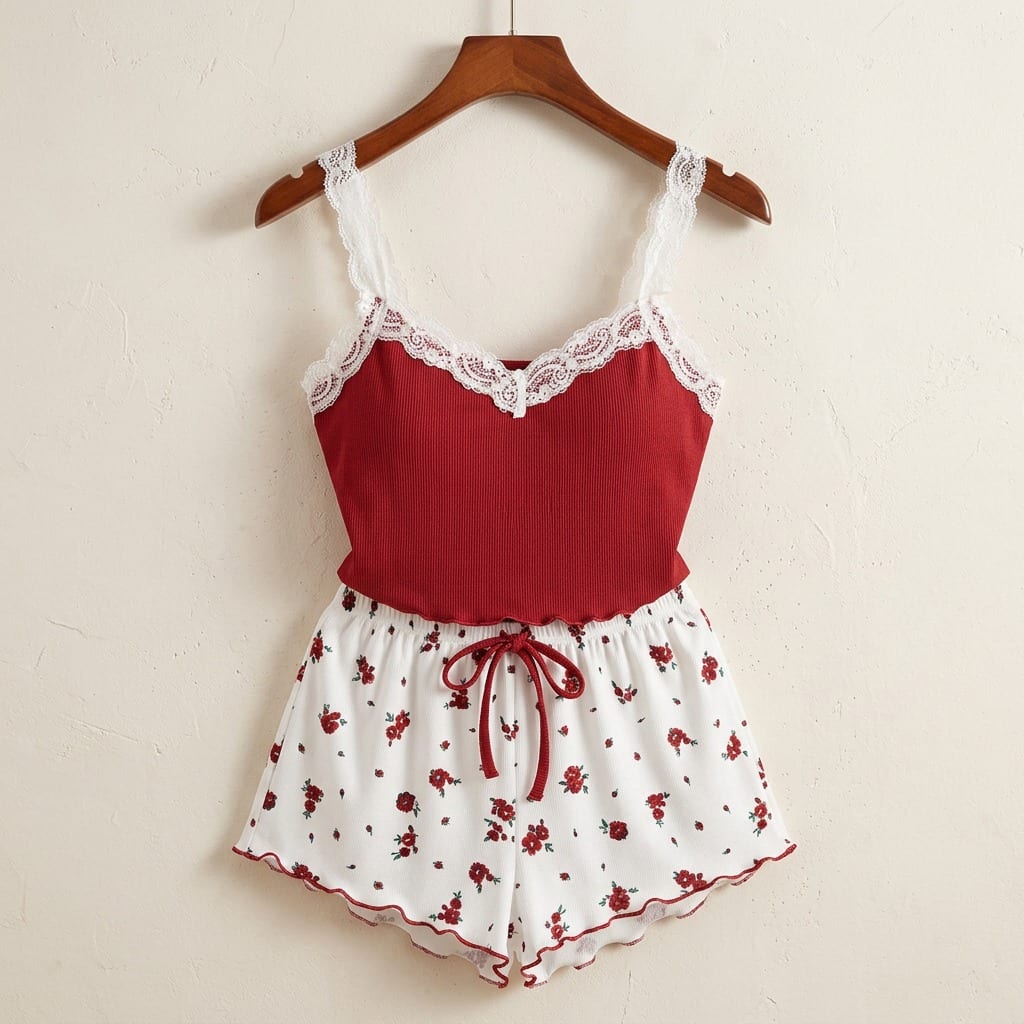 The Viola Ribbed Cami Set in Cobalt Floral in Red, on a wooden hanger
