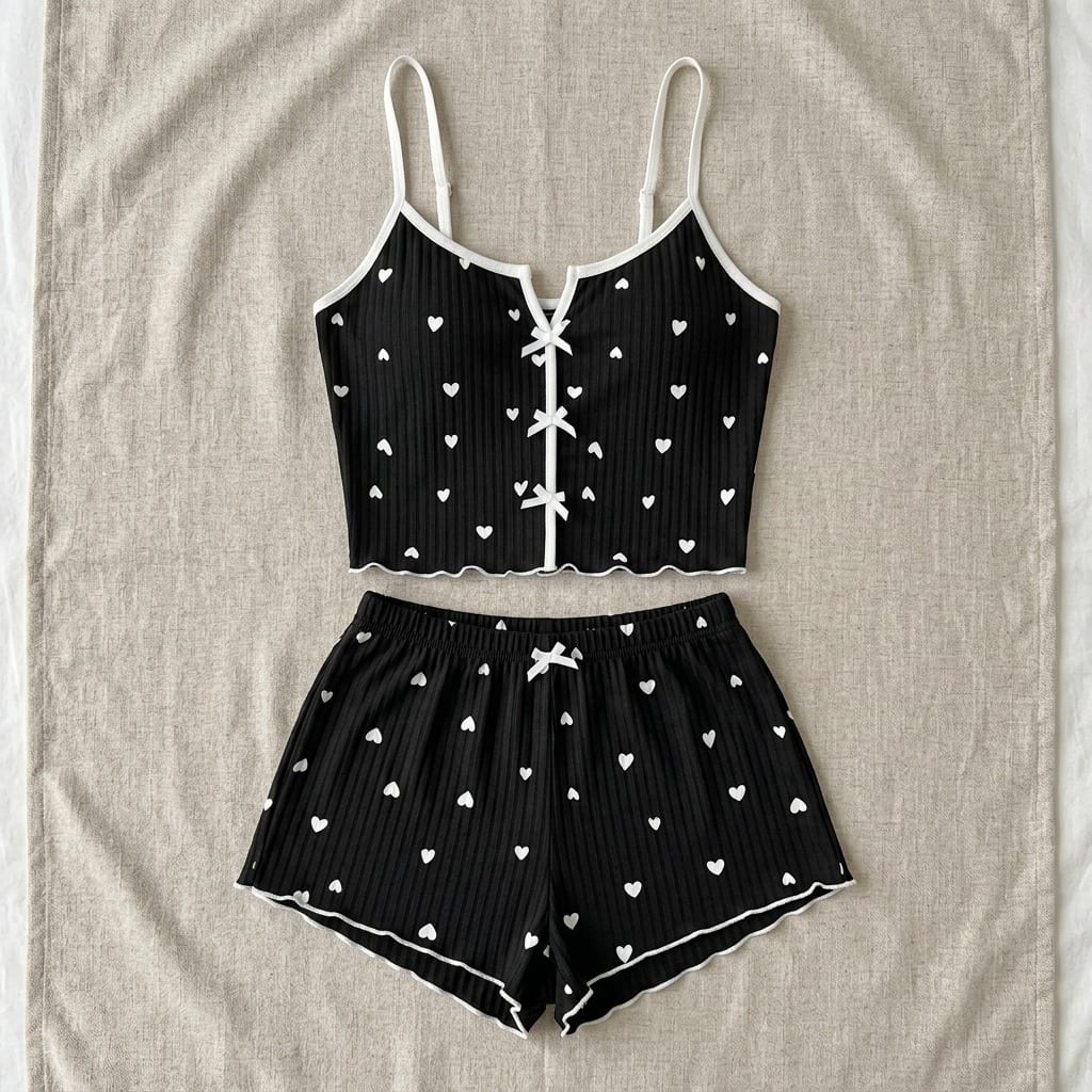 The Viola Ribbed Cami Set in Mini Hearts in Black, laid flat on linen